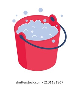 Composición isométrica de las tareas domésticas de limpieza con imagen aislada de cubo rojo con ilustración de espuma vectorial