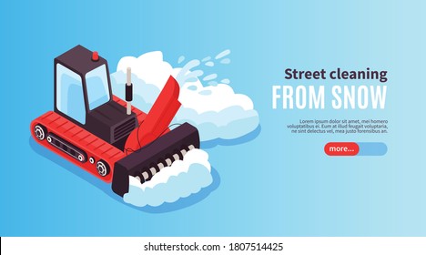 Isometric cleaning road horizontal banner with image of bulldozer clearing snow with text and clickable button vector illustration