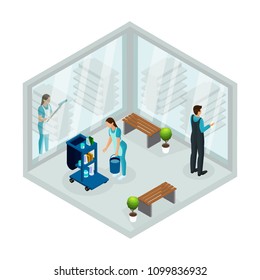 Isometric cleaning service concept with workers of company washing windows in office isolated vector illustration