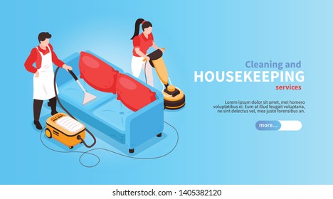 Isometric cleaning service horizontal banner with faceless human characters and couch with vacuum cleaner and text vector illustration