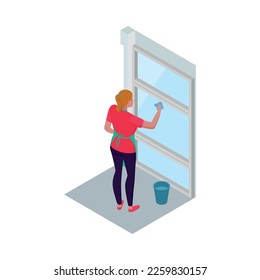 Isometric cleaning service housemaid composition with view of cleanup routines on blank background vector illustration