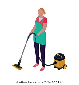 Isometric cleaning service housemaid composition with view of cleanup routines on blank background vector illustration