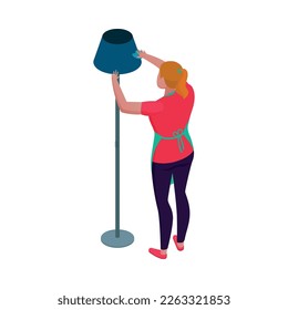 Isometric cleaning service housemaid composition with view of cleanup routines on blank background vector illustration