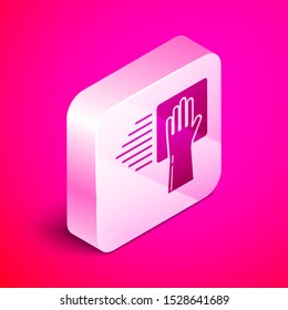 Isometric Cleaning service icon isolated on pink background. Silver square button. Vector Illustration