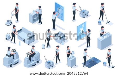 Isometric cleaning service professional workers characters. Cleaning service vacuum, clean furniture, wash windows vector illustration set. Professional cleaning employees uniform, clean window