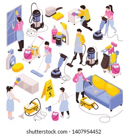 Isometric cleaning service set of isolated images cleanser products detergents vacuum cleaners and people in uniform vector illustration