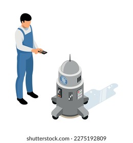 Isometric cleaning service worker using remote controlled machine to mop floor vector illustration