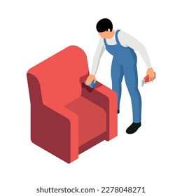 Isometric cleaning service worker wiping armchair with sponge and spray detergent 3d vector illustration