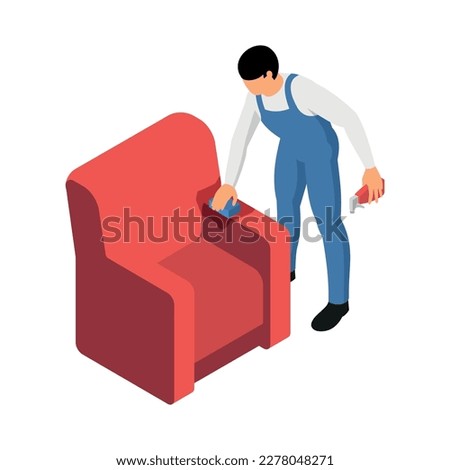 Isometric cleaning service worker wiping armchair with sponge and spray detergent 3d vector illustration