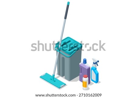 Isometric cleaning set with mop, bucket, and various detergents. Household sanitation and cleaning equipment illustration for maintenance and hygiene concepts.