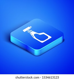 Isometric Cleaning spray bottle with detergent liquid icon isolated on blue background. Blue square button. Vector Illustration