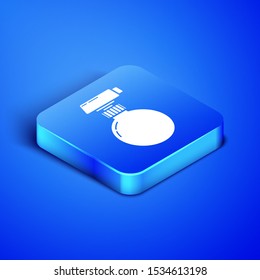 Isometric Cleaning spray bottle with detergent liquid icon isolated on blue background. Blue square button. Vector Illustration