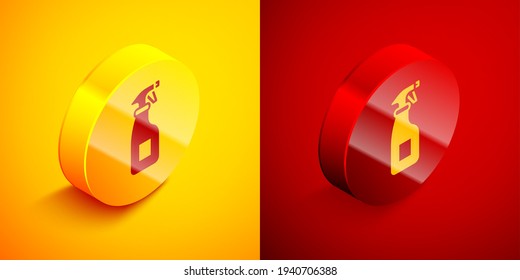Isometric Cleaning spray bottle with detergent liquid icon isolated on orange and red background. Circle button. Vector