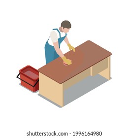 Isometric cleaning worker washing office desk with sponge 3d vector illustration