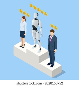 Isometric Clients Choosing Satisfaction Rating and Leaving Positive Review. Customer Service and User Experience. The Robot Took First Place on the Pedestal.