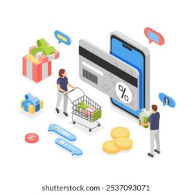 Isometric clients loyalty program. Gifts and discounts for regular customers, sale gift voucher. App with discount, people buy presents, flawless vector scene