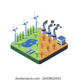 Mudanças Climáticas Isométricas Mostrando Energia Renovável vs Poluição Industrial. Conceito de mudança climática