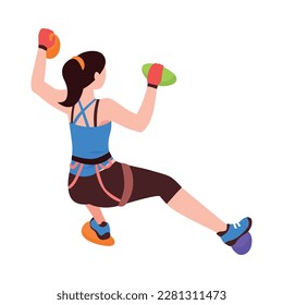 Isometric climber practising rock climbing on artificial climbing wall 3d vector illustration