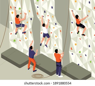 Isometric climbing composition with view of training wall with ropes and characters of instructors and trainee vector illustration