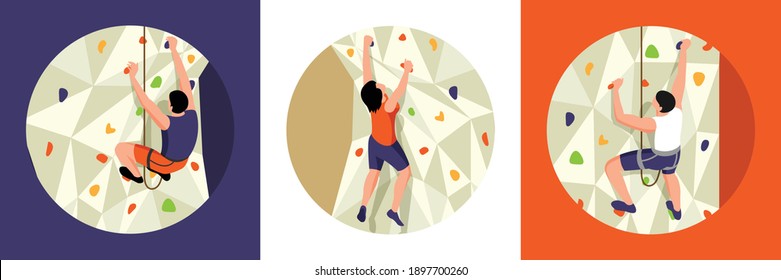 Isometric climbing design concept of round compositions views of training cliff with people hanging on ropes vector illustration