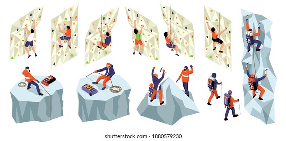 Isometric climbing mountaineering set with isolated icons of athletes hanging by walls on ropes with equipment vector illustration