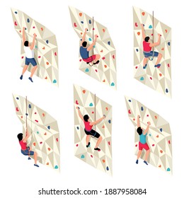 Isometric climbing set with isolated icons characters of training people on ropes climbing up training wall vector illustration