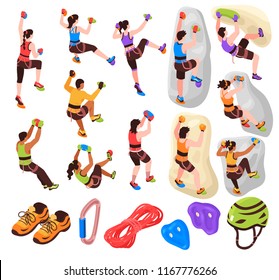 Isometric climbing wall collection of isolated icons and images of mountain climbers and pieces of equipment vector illustration 