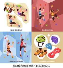 Isometric Climbing Wall Design Concept With Four Compositions Of Cragsmen On Rock Climbing Walls With Equipment Vector Illustration