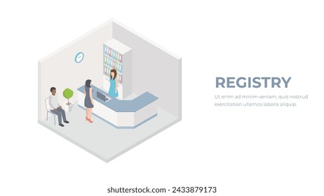 Isometric clinic registry. Medical concept of appointment with a doctor. A patient visits a hospital vector.