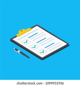 Isometric Clipboard with checklist symbol. Pad with sheet of paper and pen