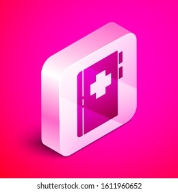 Isometric Clipboard with dental card or patient medical records icon isolated on pink background. Dental insurance. Dental clinic report. Silver square button. Vector Illustration