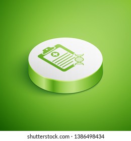 Isometric Clipboard with DNA analysis icon isolated on green background. Genetic engineering, genetics testing, cloning, paternity testing. White circle button. Vector Illustration