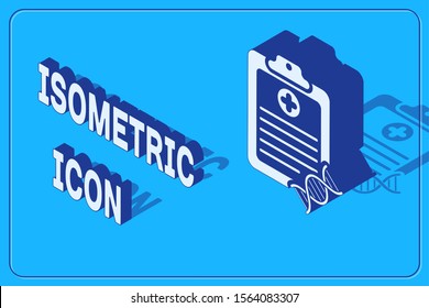 Isometric Clipboard with DNA analysis icon isolated on blue background. Genetic engineering, genetics testing, cloning, paternity testing.  Vector Illustration