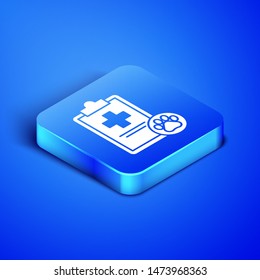 Isometric Clipboard with medical clinical record pet icon isolated on blue background. Health insurance form. Medical check marks report. Blue square button. Vector Illustration