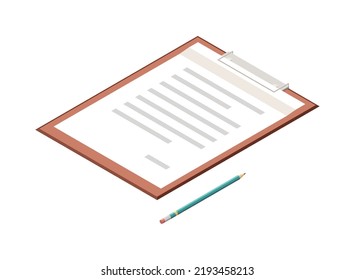 Isometric clipboard and pencil on white background isolated 3d vector illustration
