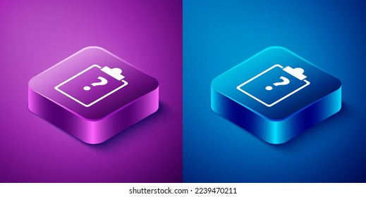 Isometrische Zwischenablage mit Fragezeichen Symbol einzeln auf blauem und violettem Hintergrund. Umfrage, Quiz, Untersuchung, Kundenservice-Fragen Konzepte. Knopf Quadrat. Vektorgrafik