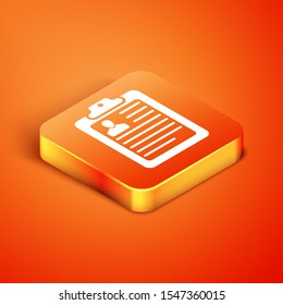 Isometric Clipboard with resume icon isolated on orange background. CV application. Curriculum vitae, job application form with profile photo.  Vector Illustration