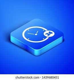 Isometric Clock 24 hours icon isolated on blue background. All day cyclic icon. 24 hours service symbol. Blue square button. Vector Illustration