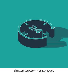Isometric Clock 24 hours icon isolated on green background. All day cyclic icon. 24 hours service symbol.  Vector Illustration