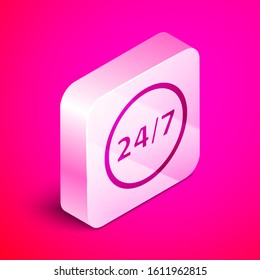 Isometric Clock 24 horas icono aislado en fondo rosa. Icono cíclico de todo el día. símbolo de servicio las 24 horas. Botón cuadrado plateado. Ilustración vectorial
