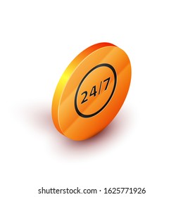 Isometric Clock 24 hours icon isolated on white background. All day cyclic icon. 24 hours service symbol. Orange circle button. Vector Illustration