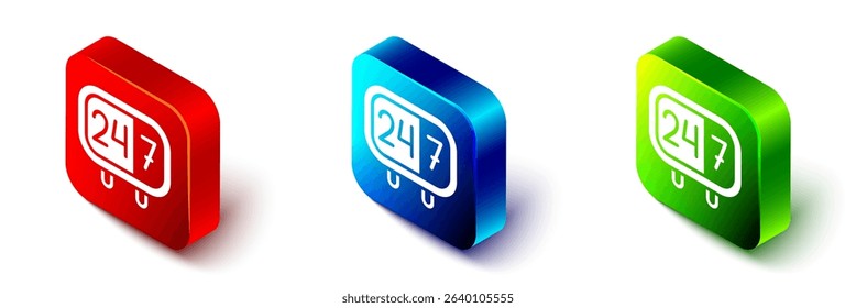 Isometric Clock 24 hours icon isolated on white background. All day cyclic icon. 24 hours service symbol. Red, blue and green square button. Vector