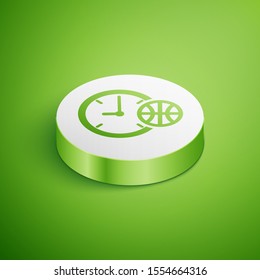 Isometric Clock with basketball ball inside icon isolated on green background. Basketball time. Sport and training. White circle button. Vector Illustration