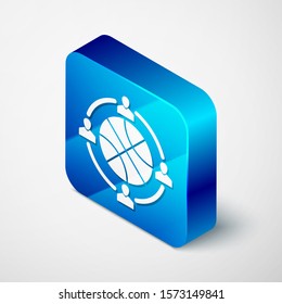 Isometric Clock with basketball ball inside icon isolated on white background. Basketball time. Sport and training. Blue square button. Vector Illustration