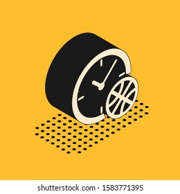 Isometric Clock with basketball ball inside icon isolated on yellow background. Basketball time. Sport and training.  Vector Illustration