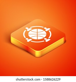 Isometric Clock with basketball ball inside icon isolated on orange background. Basketball time. Sport and training.  Vector Illustration