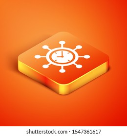 Isometric Clock and gear icon isolated on orange background. Time Management symbol. Business concept. Hub and spokes and clock solid icon.  Vector Illustration