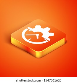 Isometric Clock and gear icon isolated on orange background. Time Management symbol. Business concept.  Vector Illustration