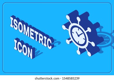Isometric Clock and gear icon isolated on blue background. Time Management symbol. Business concept. Hub and spokes and clock solid icon.  Vector Illustration