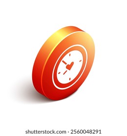 Isometric Clock with heart icon isolated on white background. Valentines day. Love symbol. Orange circle button. Vector